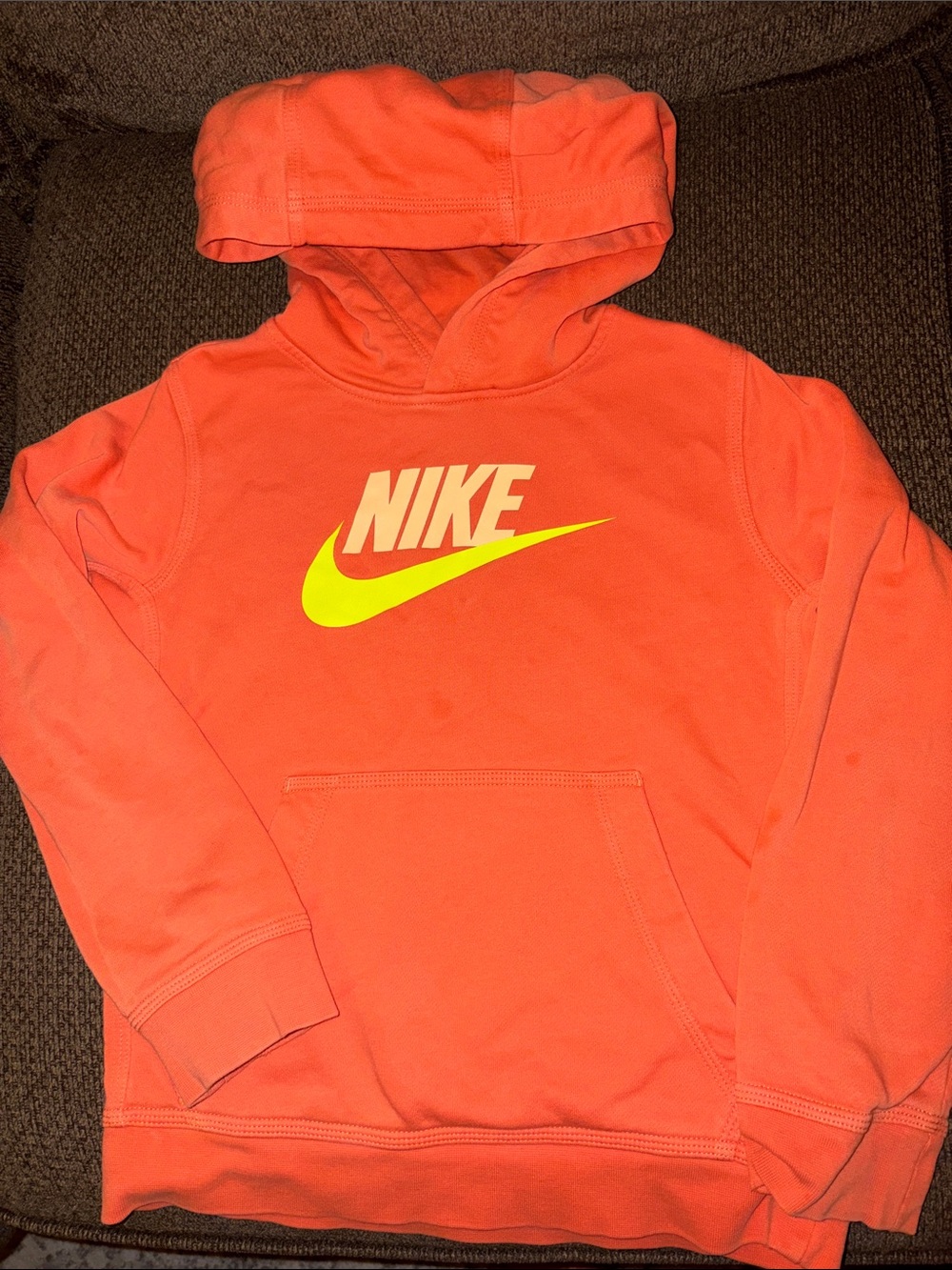 Nike Coral-Orange Hoodie with Neon Yellow Swoosh